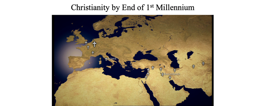 By the year 1000 AD, Christianity had spread from Palestine--going east to Iraq, on to India and China.   It had spread west to Spain and Portugal, northwest to the British Isles, a little later to Scandinavia, then northeast to the Russian Empire.  In Africa in the south, the faith was retained in the Ethiopian Empire. It had become a Global Religion.