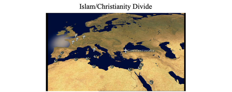 The photo above shows the Christian as opposed to the Muslim-held territories at the height of the Muslim conquests. By the 13th Century, Islam had arrested much of Christianity’s expansion to the east including the Persian Empire: they had conquered much of Syria, Iran, Iraq, Afghanistan, Pakistan, and India.  Their neighbouring North African states had been added to their territories, as well as much of Spain in the Iberian Peninsula. The rest of Europe were saved from Muslim invasion through decisive battles in Tours/Poitier, France in 732;  Lepanto, Greece in 1571;  and Vienna, Austria in 1683