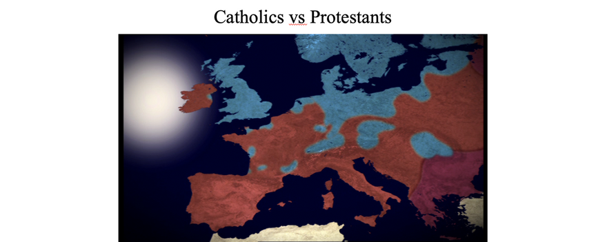 The Protestant Reformation plunged Catholic Europe into turmoil, one of the main causes behind the 30 Years’ War when 25-30% of the population of central Europe died.  When peace finally came at the Treaty of Westphalia in 1648, It was decided that the states could choose their own religion and that subjects would follow the religion of their rulers. Generally, the North became Protestant (shown in blue) and the South remained Catholic (shown in Red).  Many left for the New World where there was religious freedom.